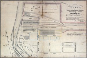 Kaart van de depotgronden en gebouwen van de Illinois Central Railroad Company in Chicago, 1855